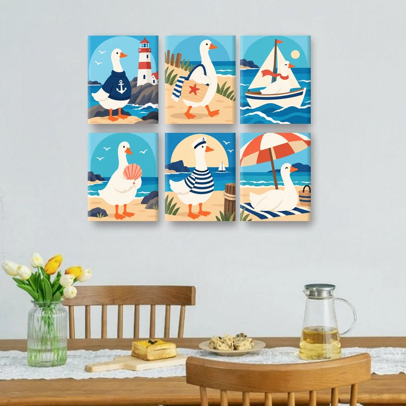 6 Mini-Gemälde | Nautische Gänse Set
