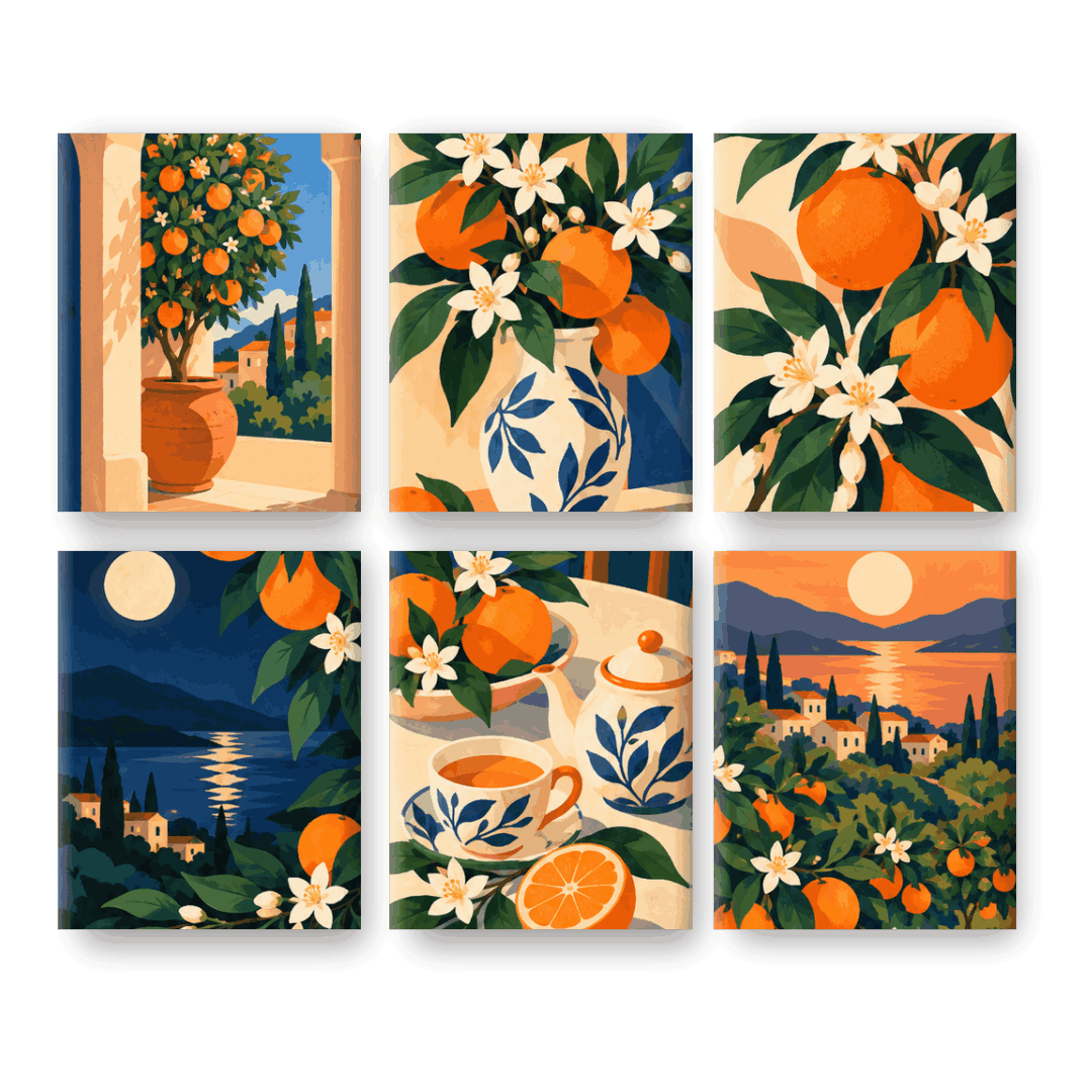 6 Mini-Gemälde | Orangenhain Set