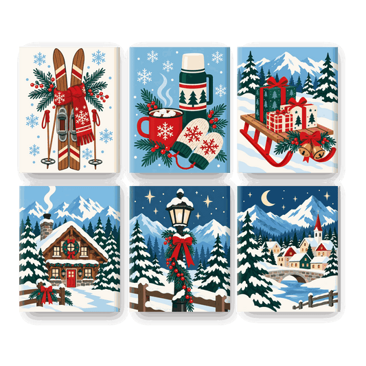 6 Mini-Gemälde | Nordische Skier Set