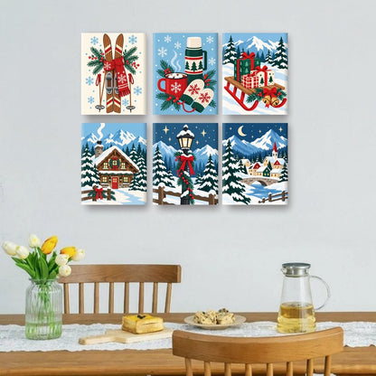 6 Mini-Gemälde | Nordische Skier Set