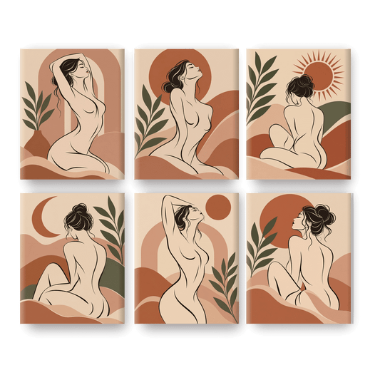 6 Mini-Gemälde | Boho-Linienkunst Set