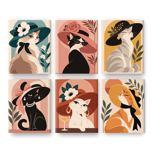 6 Mini-Gemälde | Dame mit Katzenhut Set