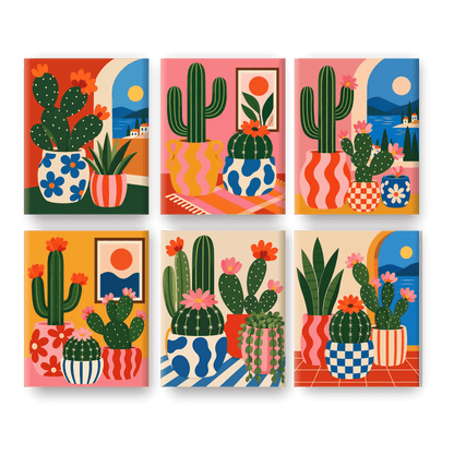 6 Mini-Gemälde | Mediterraner Kaktus Set