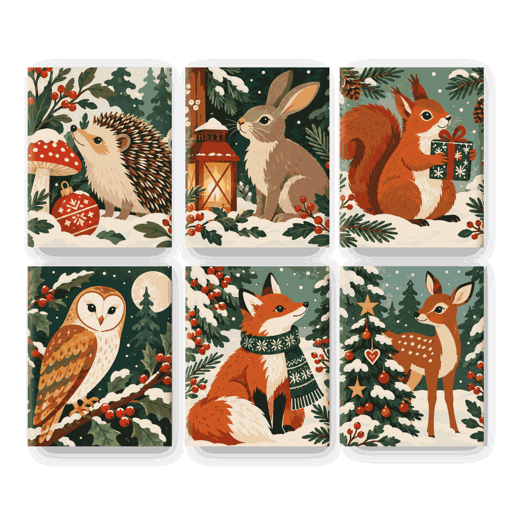 6 Mini-Gemälde | Waldweihnacht Set