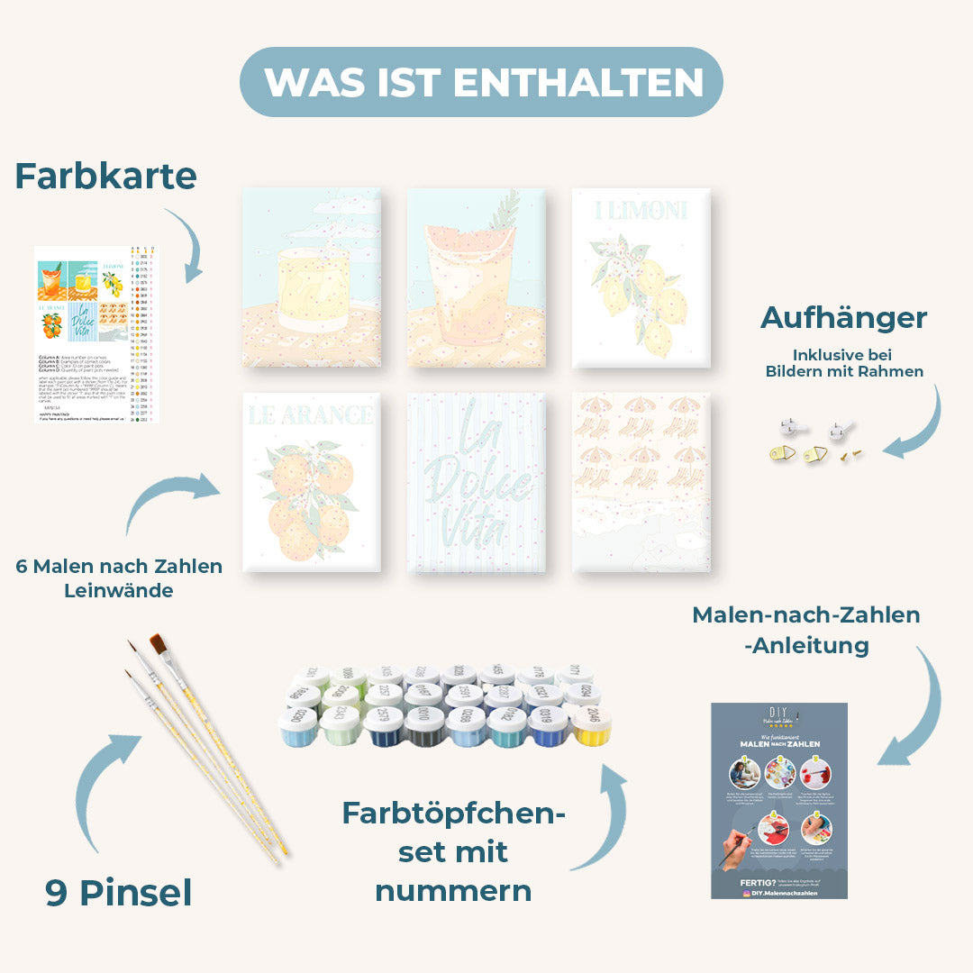 Malen nach Zahlen – 6 Mini-Gemälde | Zitrus & Meer Set