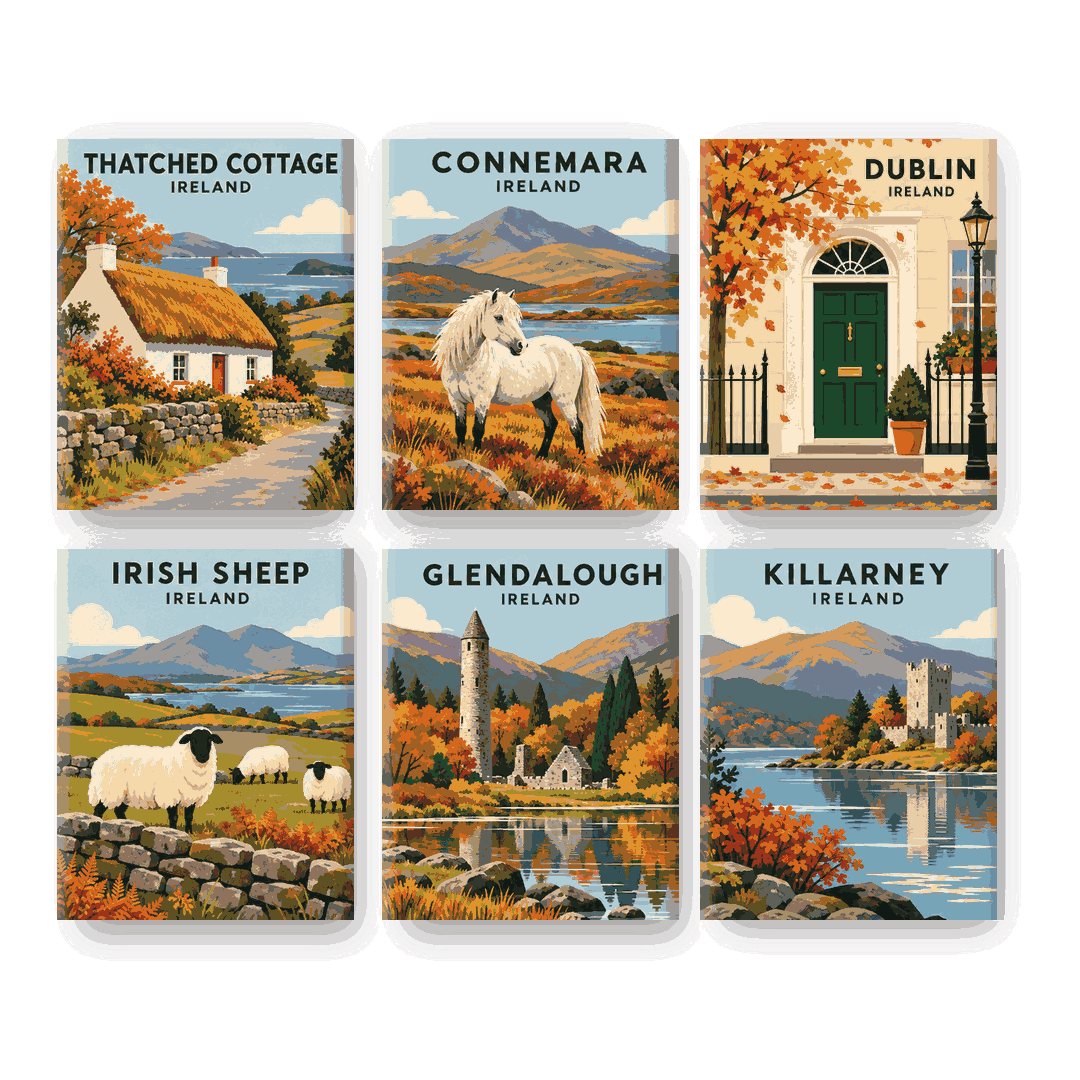 6 Mini-Gemälde | Goldener irischer Herbst Set