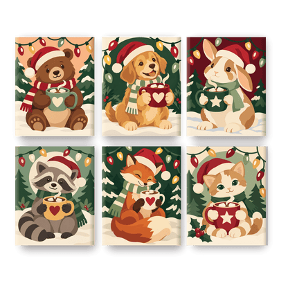 6 Mini-Gemälde | Weihnachts-Waschbär Set