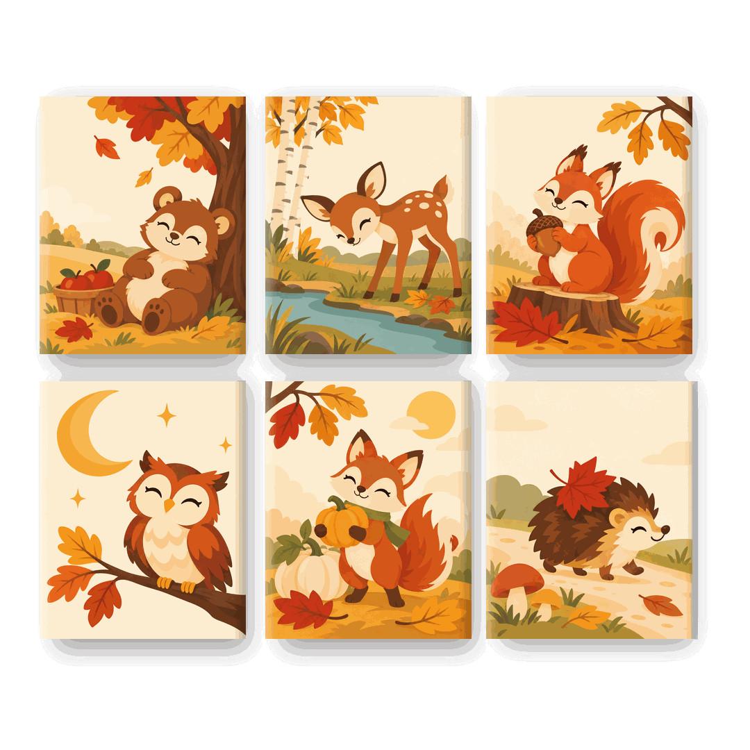 6 Mini-Gemälde | Herbstliches Bärennickerchen Set