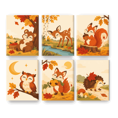6 Mini-Gemälde | Herbstliches Bärennickerchen Set