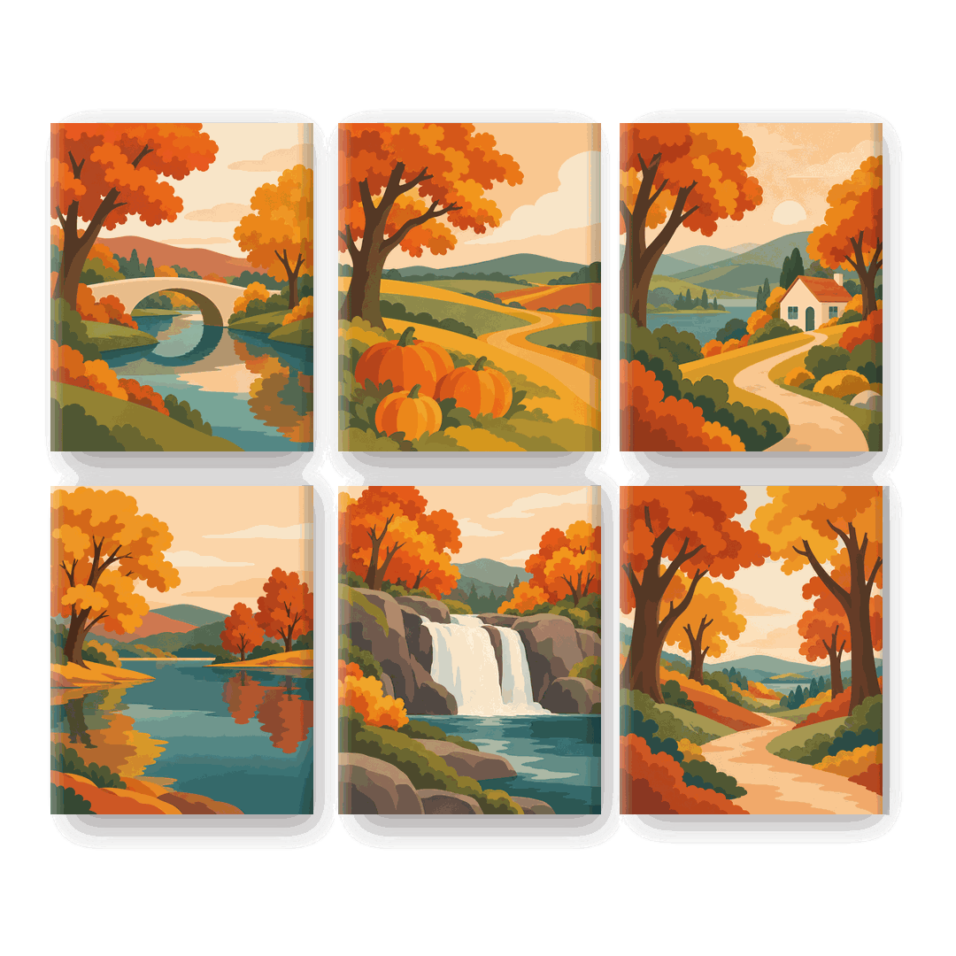 6 Mini-Gemälde | Herbstliche Flussbrücke Set