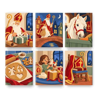 6 Mini-Gemälde | Nikolaus packt Geschenke Set