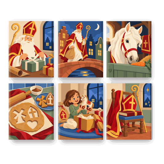 6 Mini-Gemälde | Nikolaus packt Geschenke Set