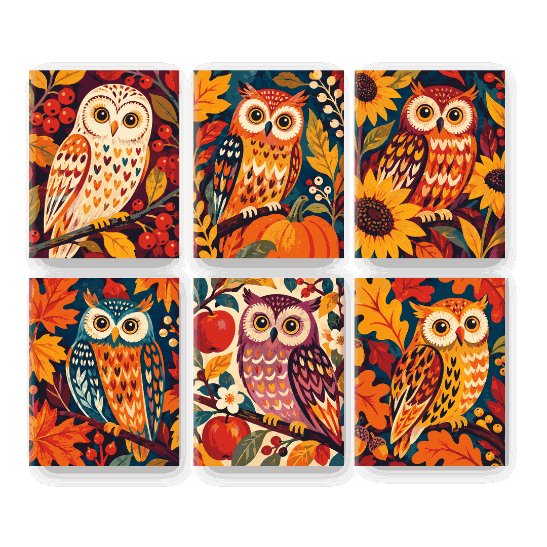 6 Mini-Gemälde | Herbst-Eulen Set
