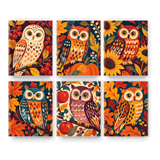 6 Mini-Gemälde | Herbst-Eulen Set