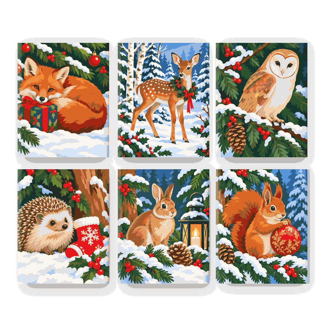 6 Mini-Gemälde | Weihnachtliche Waldfreunde Set