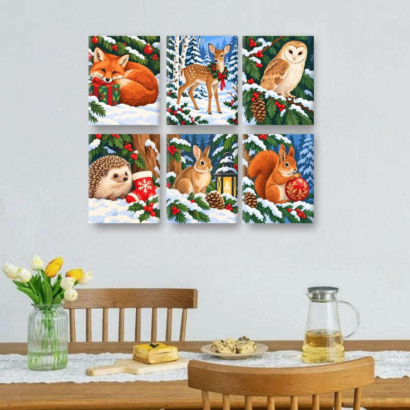 6 Mini-Gemälde | Weihnachtliche Waldfreunde Set