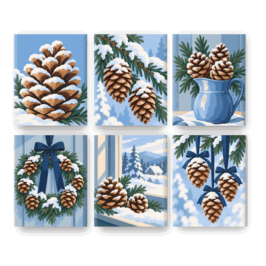 6 Mini-Gemälde | Bereifte Tannenzapfen Set
