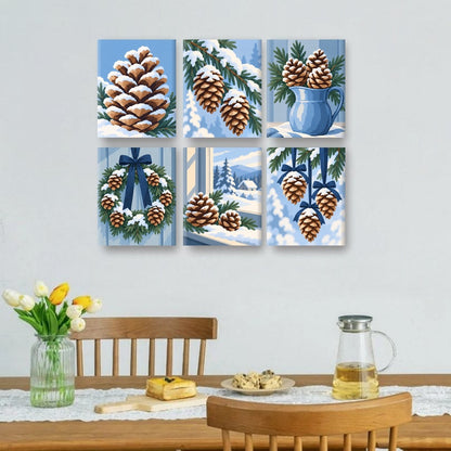 6 Mini-Gemälde | Bereifte Tannenzapfen Set