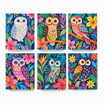 6 Mini-Gemälde | Juwelen-Eulen Set