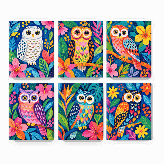 6 Mini-Gemälde | Juwelen-Eulen Set