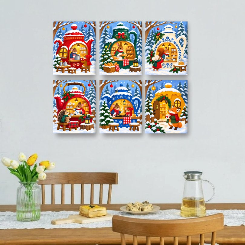 6 Mini-Gemälde | Waldfreunde im Café Set
