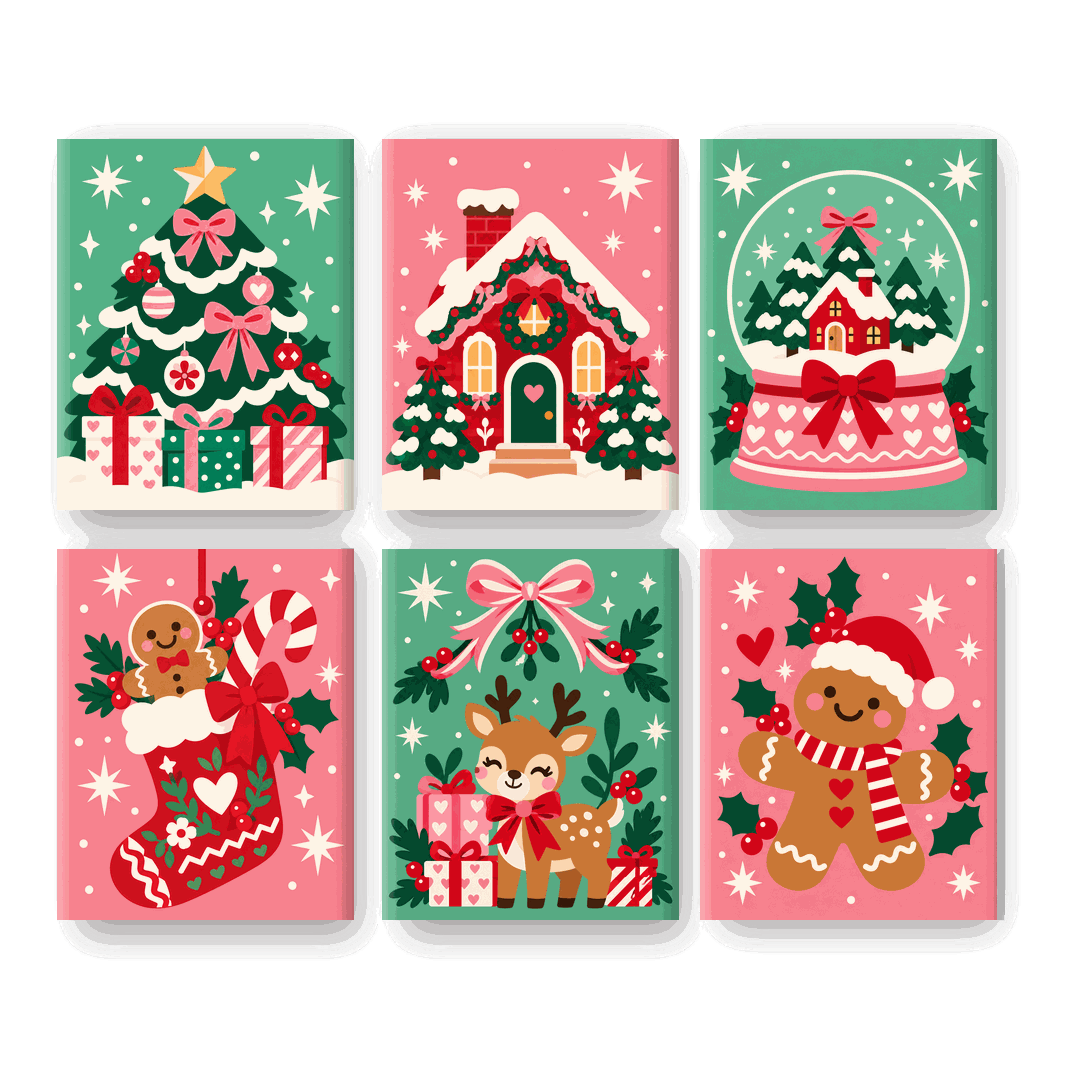 6 Mini-Gemälde | Retro-Weihnachtsbaum Set