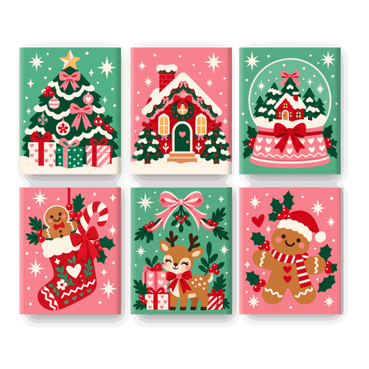 6 Mini-Gemälde | Retro-Weihnachtsbaum Set