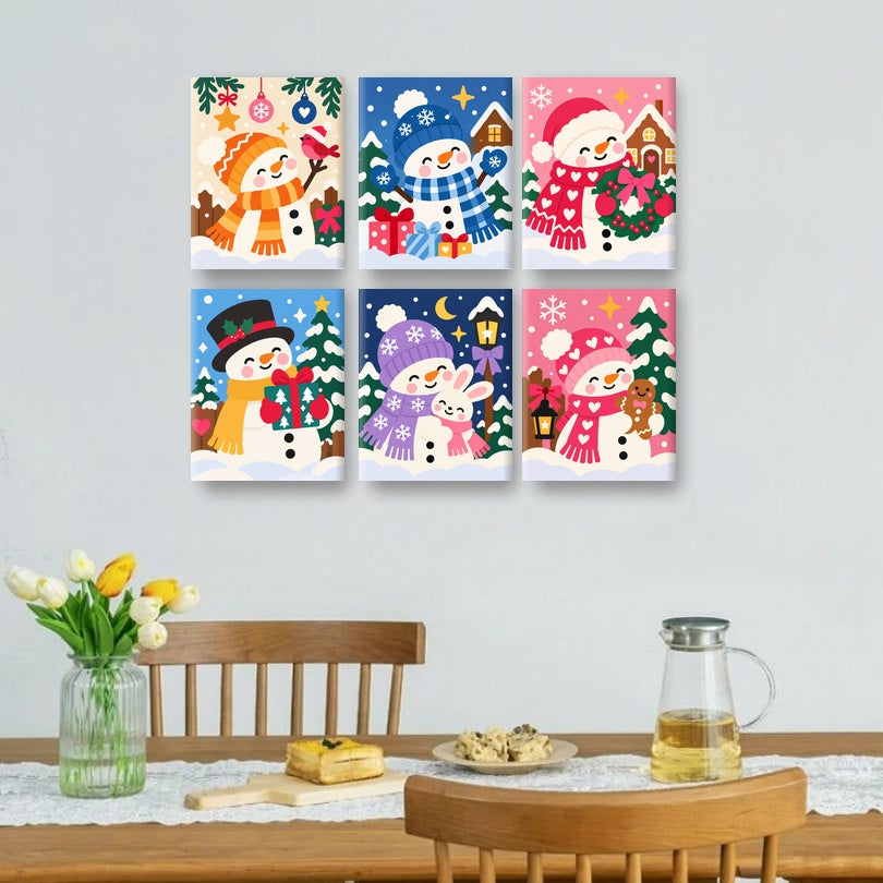 6 Mini-Gemälde | Weihnachts-Schneemann Set