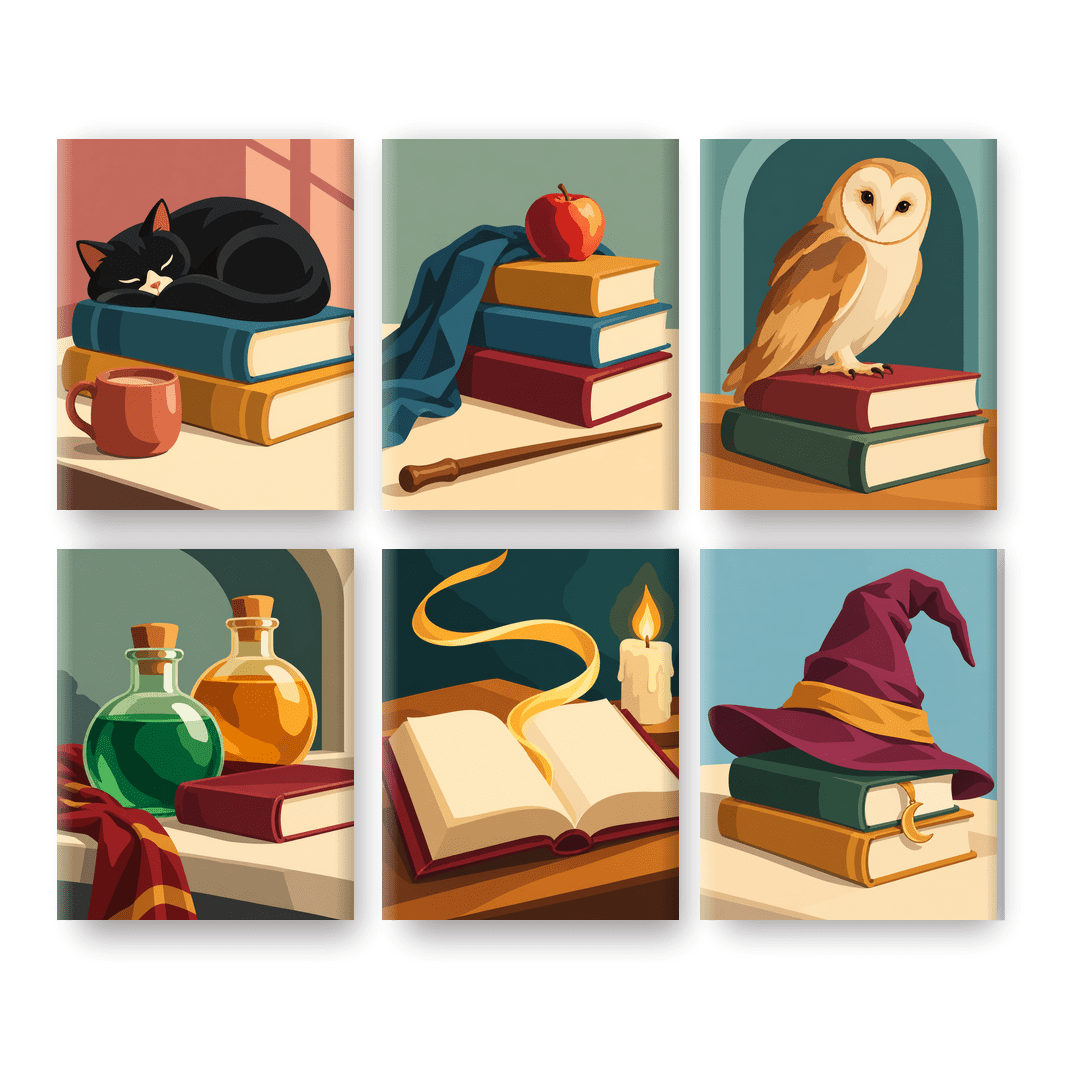 6 Mini-Gemälde | Gemütliche Lesekatze Set