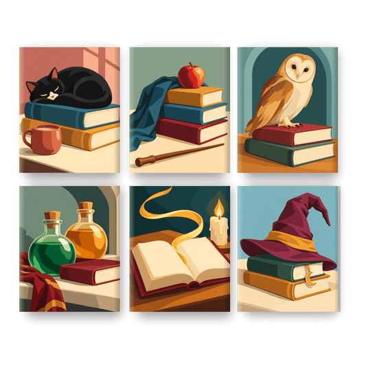 6 Mini-Gemälde | Gemütliche Lesekatze Set