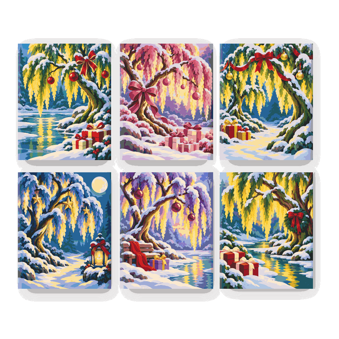 6 Mini-Gemälde | Weihnachtlicher Weidensee Set