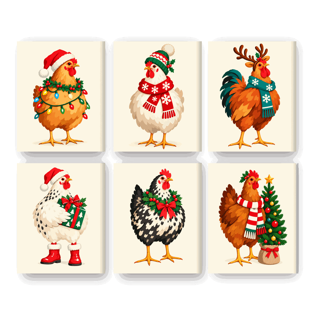 6 Mini-Gemälde | Fröhliche Hühnerschar Set