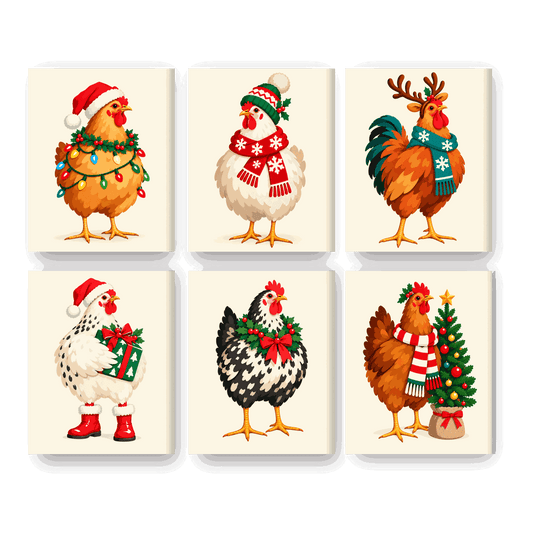 6 Mini-Gemälde | Fröhliche Hühnerschar Set