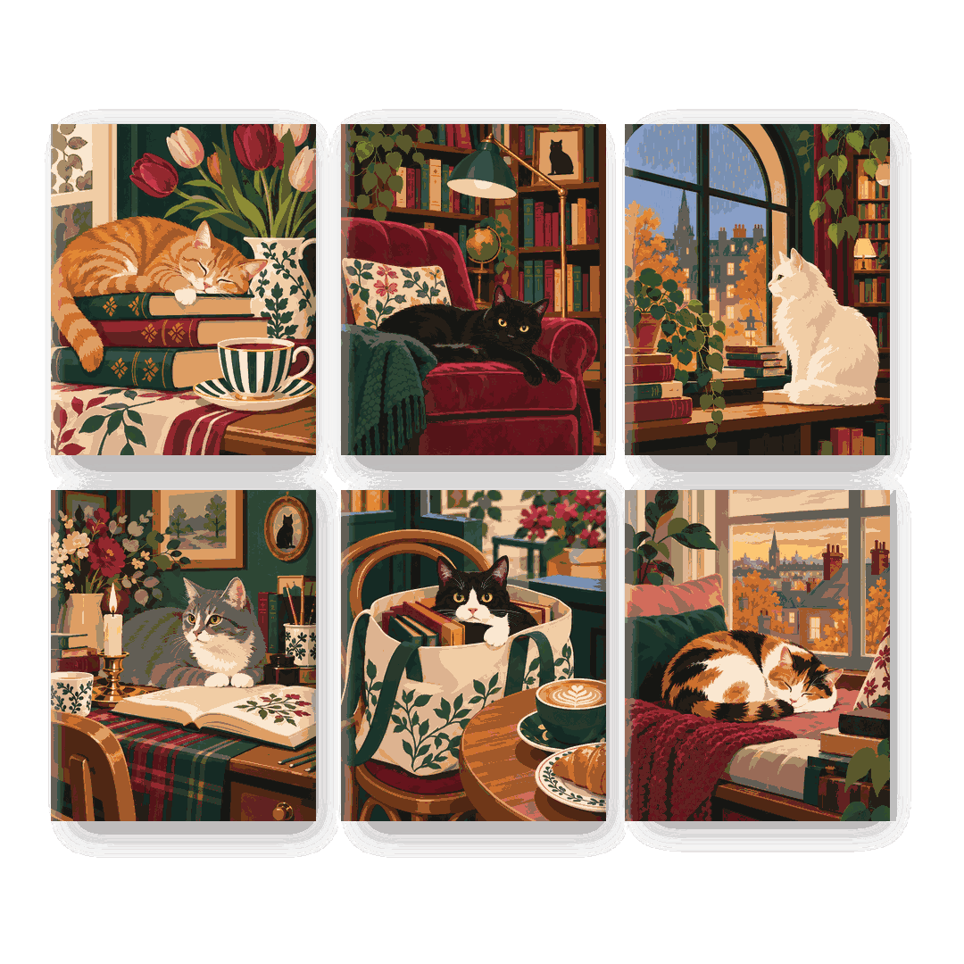 6 Mini-Gemälde | Belesene Katzen Set