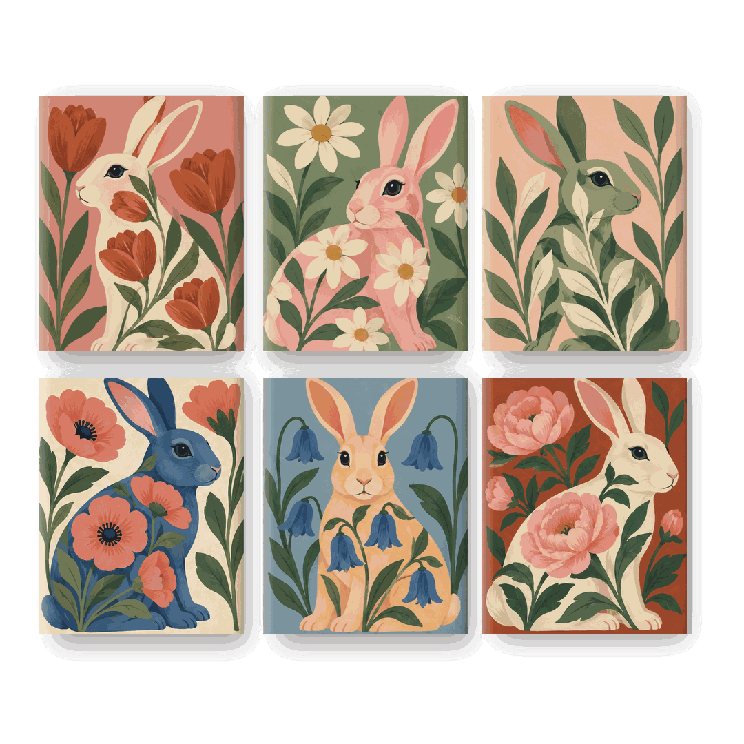 6 Mini-Gemälde | Botanische Häschen Set