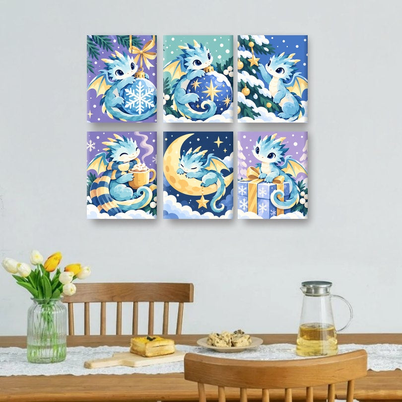 6 Mini-Gemälde | Frostige kleine Drachen Set