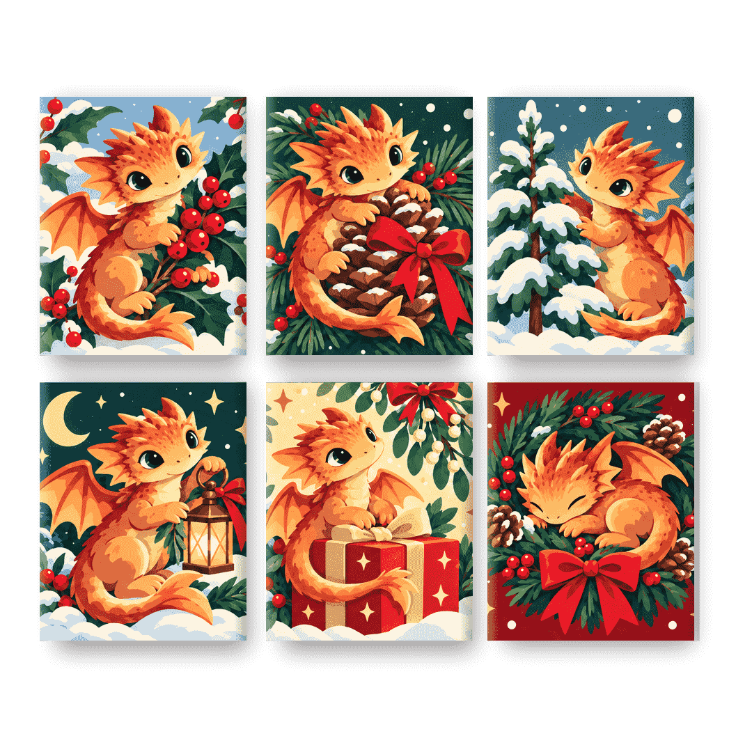 6 Mini-Gemälde | Weihnachtsmanns kleine Drachen Set