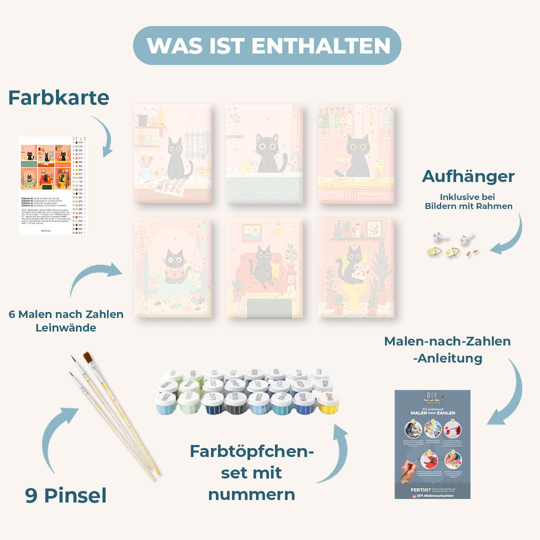 Malen nach Zahlen – 6 Mini-Gemälde | Das Schwarze-Katze-Set