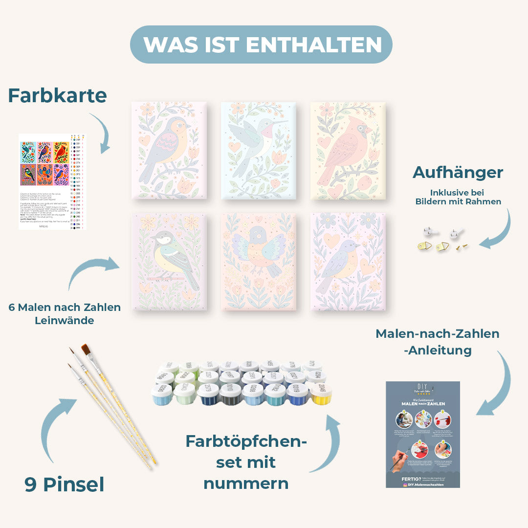 6 Mini-Gemälde | Bunte-Vögel Set