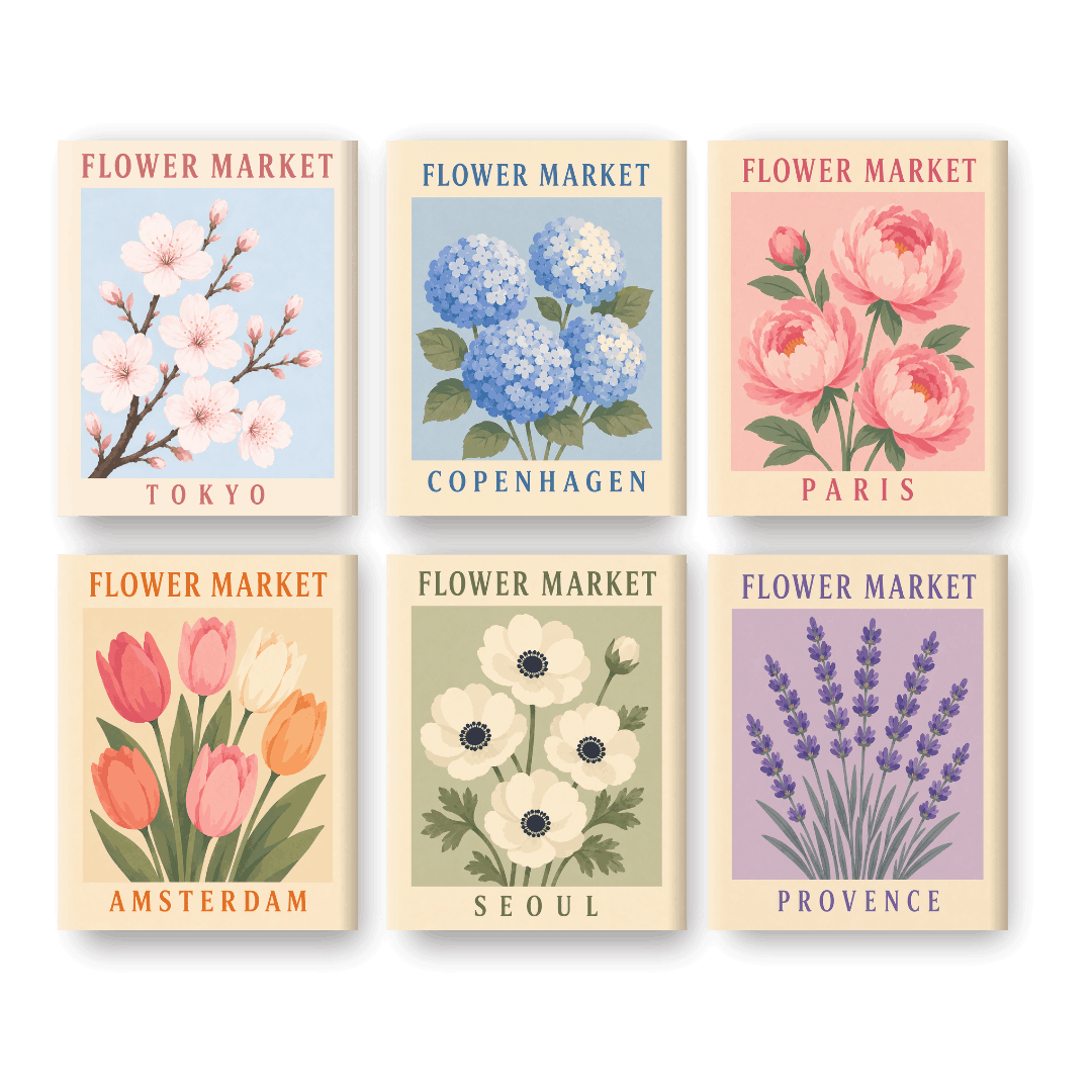 6 Mini-Gemälde | Schöner Blumenmarkt Set - Malen nach Zahlen