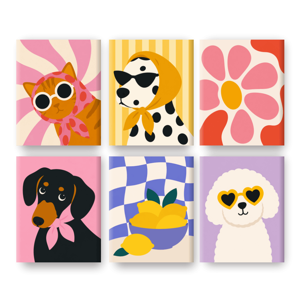 6 Mini-Gemälde | Groovy Haustiere Set - Malen nach Zahlen