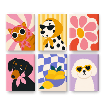 6 Mini-Gemälde | Groovy Haustiere Set - Malen nach Zahlen