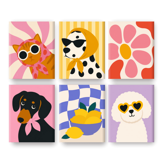 6 Mini-Gemälde | Groovy Haustiere Set - Malen nach Zahlen