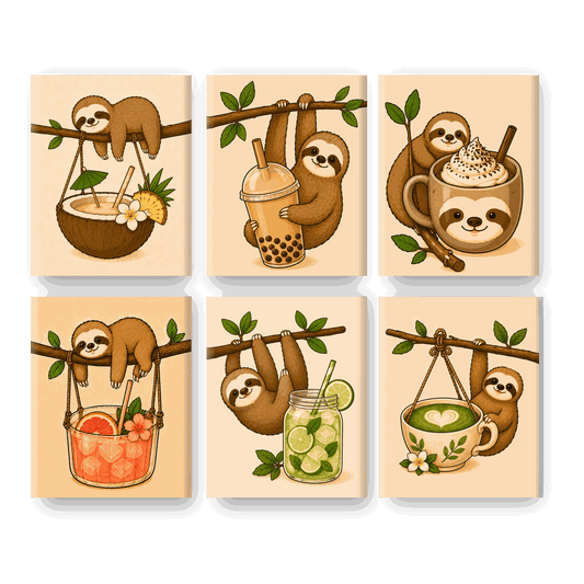 6 Mini-Gemälde | Faultiere & Drinks Set - Malen nach Zahlen