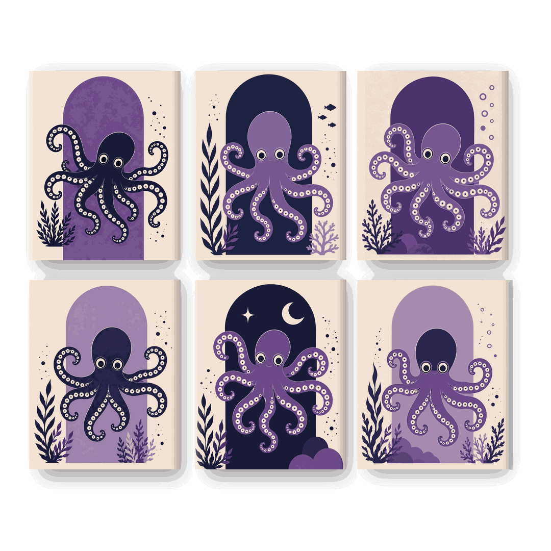 6 Mini-Gemälde | Lila Oktopus Set - Malen nach Zahlen