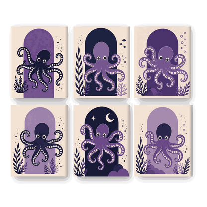 6 Mini-Gemälde | Lila Oktopus Set - Malen nach Zahlen