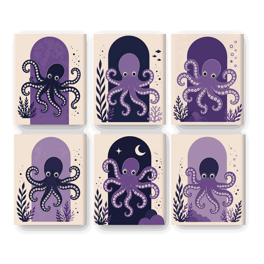 6 Mini-Gemälde | Lila Oktopus Set - Malen nach Zahlen