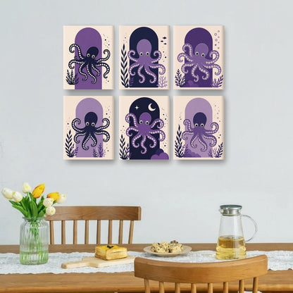 6 Mini-Gemälde | Lila Oktopus Set