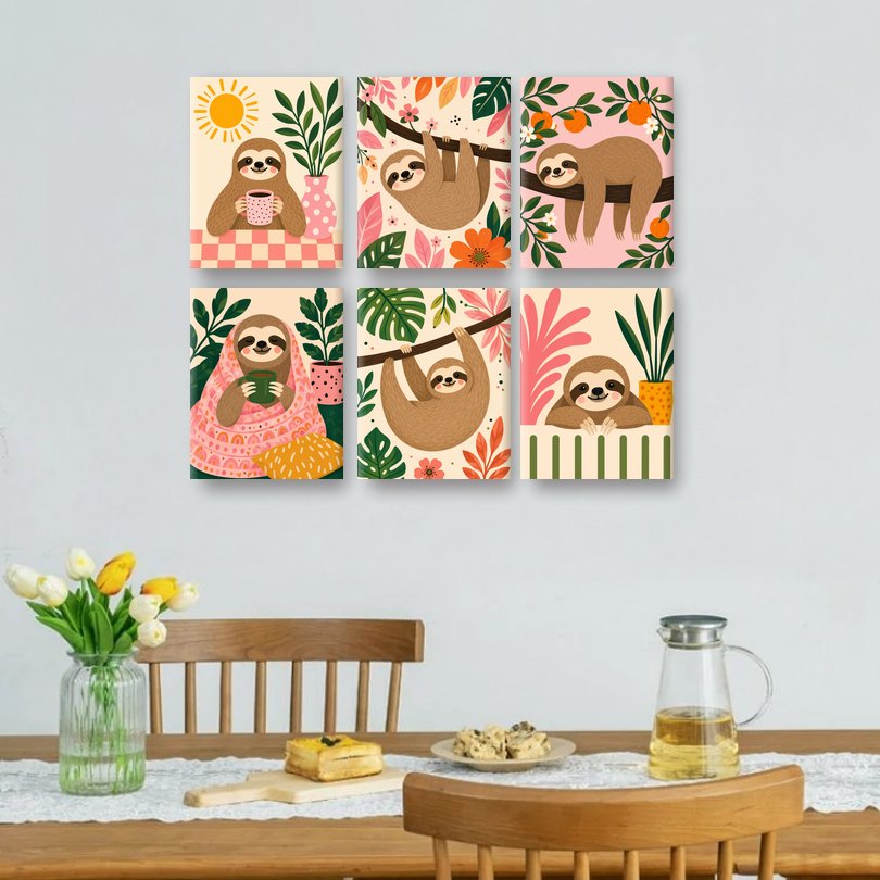 6 Mini-Gemälde | Morgen-Faultier Set