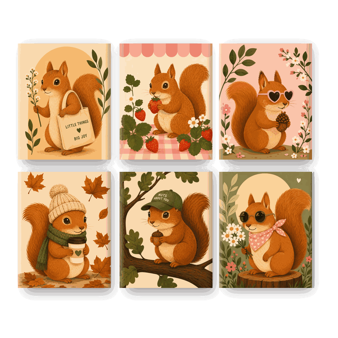 6 Mini-Gemälde | Kleines Eichhörnchen Set - Malen nach Zahlen